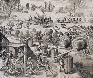 Die niederländische Flotte greift die spanische Festung Gratiosa auf Gran Canaria an, aus 